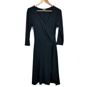 Womens Long Sleeve Black Wrap Dress‎ Size XS/S Midi V-Neck Career BMoss